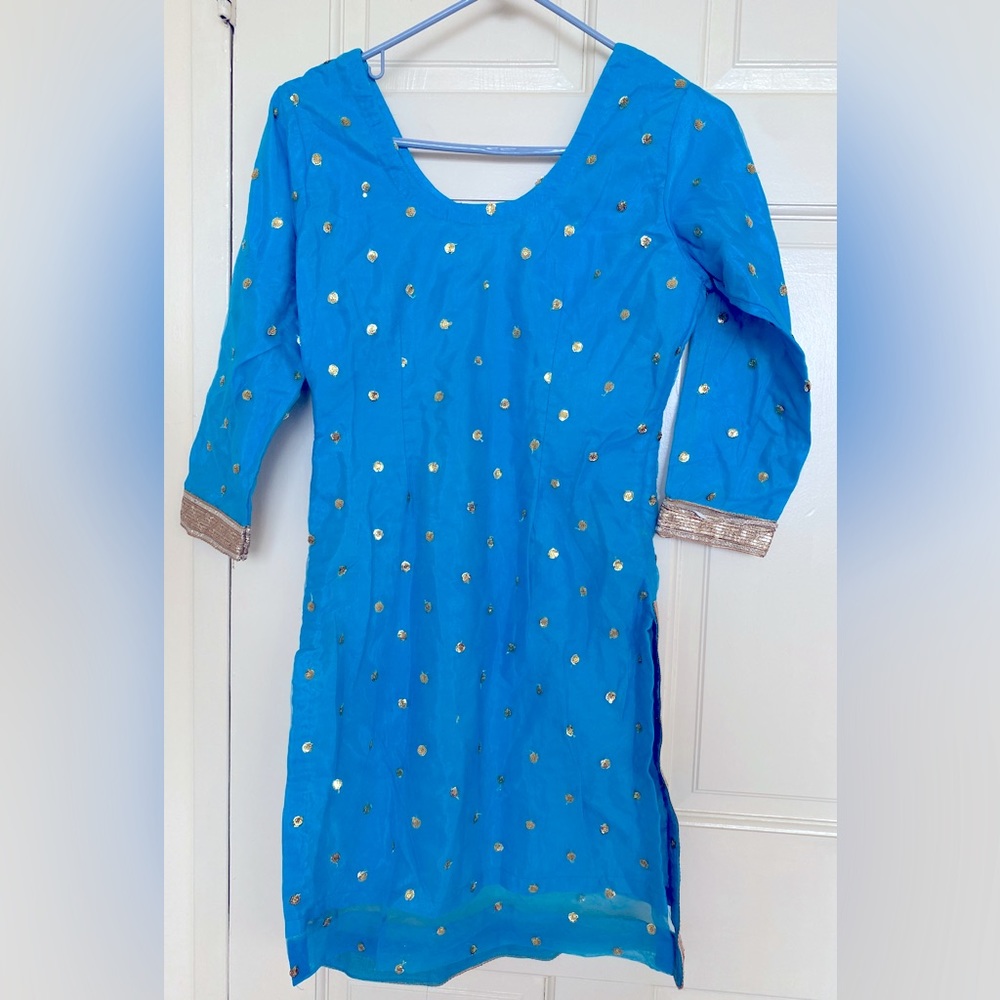 Net Blue Gold Indian Kameez